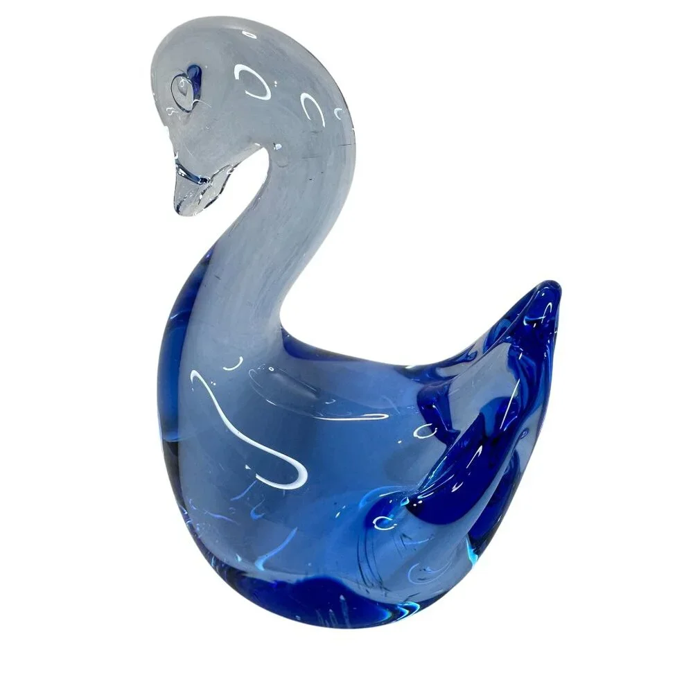 Swan Figurine Paperweight Hand Blown Art Glass Vintage Cobalt Blue 3 X 3.5 Decor